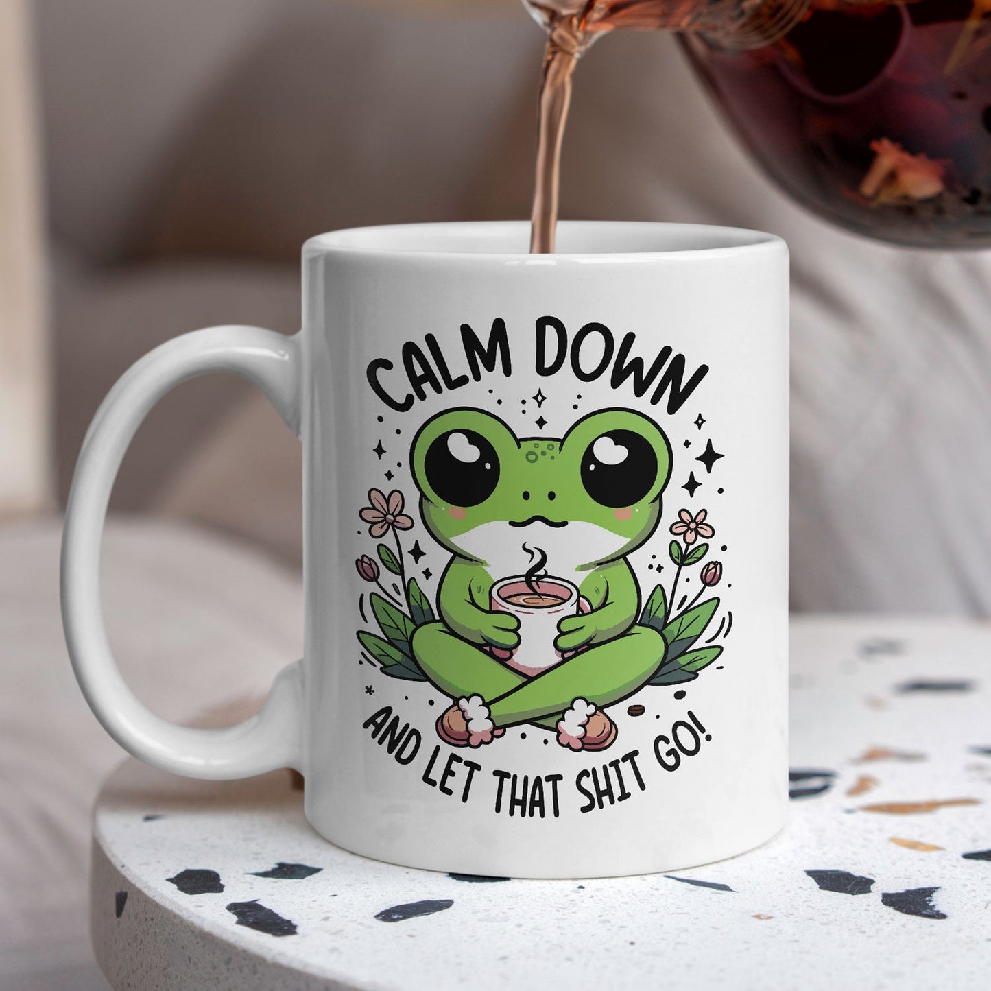 Kikker Mok “Calm Down and Let That Sh*t Go” 🐸 | Keramische Mok 330ml Dubbelzijdig Bedrukt Creasowl