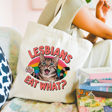 Lesbians Eat What? Tote Bag met Kattenontwerp – Polylinnen Shopper (38x48 cm) Creasowl