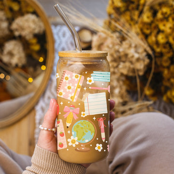 Creasowl Back to School Glazen Beker 500 ml – met deksel & rietje