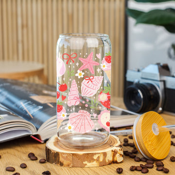 Creasowl Beachy Berry Bliss Glazen Beker 500ml – Summer Aesthetic Glas met Deksel & Rietje