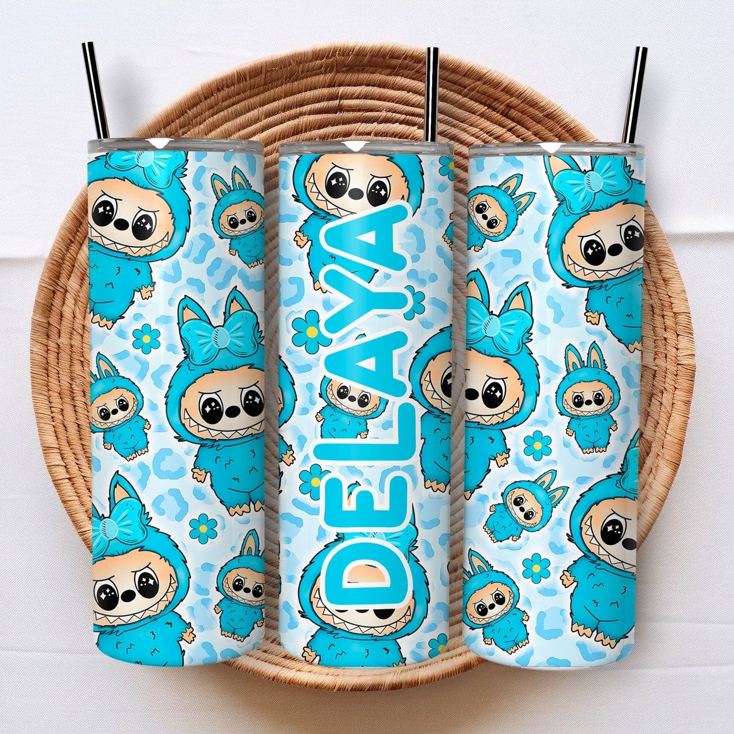 Creasowl Blauw Monsters Tumbler voor Kinderen met Naam – Gepersonaliseerde Kinderbeker