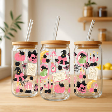 Creasowl Coquette Witch Glass Glazen Beker 500 ml met Deksel & Rietje