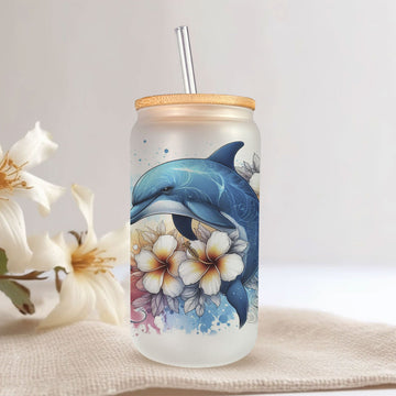 Creasowl Dolfijn Glazen Drinkbeker – 500ml – Met Deksel & Glazen Rietje – Koffiebeker, Smoothiebeker, IJskoffie Glas – Herbruikbare Drinkmok