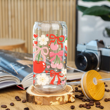 Creasowl Drinkware Coquette Cherries Glazen Beker 500 ml – met deksel & rietje