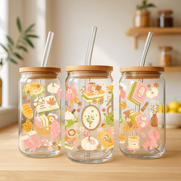 Creasowl Fall Bookish Glazen Beker 500 ml – met deksel & rietje