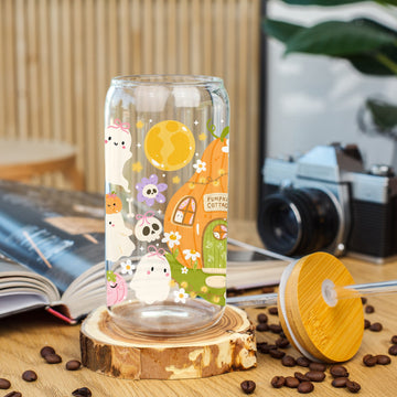 Creasowl Ghost Pumpkin Cottage Glazen Beker 500 ml met Deksel & Glazen Rietje