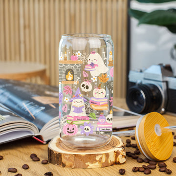 Creasowl Halloween Bookish Ghost Glazen Beker 500ml – Spooky Aesthetic Glas met Deksel & Rietje