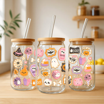 Creasowl Halloween Sugar Cookies Glazen Beker 500 ml met Deksel & Glazen Rietje