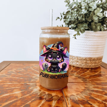 Creasowl Kat Purr-anormal Glazen Drinkbeker met Glazen Rietje en Deksel