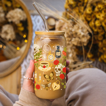 Creasowl Libbey Glazen Drinkbeker 500ml – Mason Jar met Dark Academia Patroon