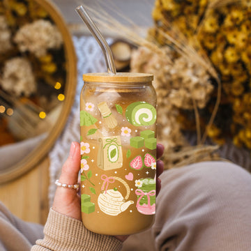 Creasowl Libbey Glazen Drinkbeker 500ml – Mason Jar met Matcha Patroon