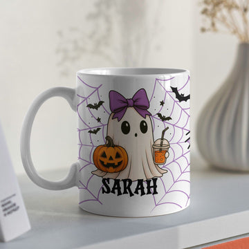 Creasowl Paars Gepersonaliseerde Halloween Mok – Schattig Spookje met Naam - Halloween Cadeau