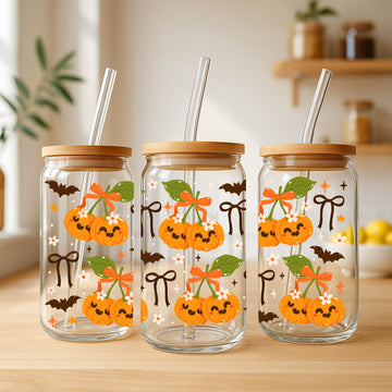 Creasowl Pumpkin Cherrie Glazen Beker 500 ml met Deksel & Glazen Rietje