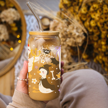 Creasowl Silly Goose Ghost Glazen Beker 500 ml met Deksel & Rietje