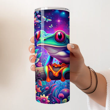 Creasowl Thermosbeker met Kikker Design – Kleurrijke RVS Tumbler 600ml met Rietje