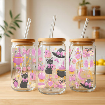 Creasowl Witchy Coquette Halloween Glas met Deksel & Rietje – Esthetische Beker 500ml