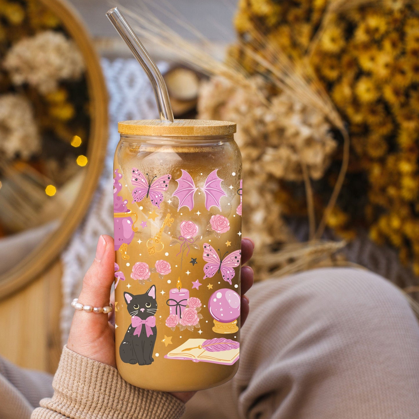 Creasowl Witchy Coquette Halloween Glas met Deksel & Rietje – Esthetische Beker 500ml