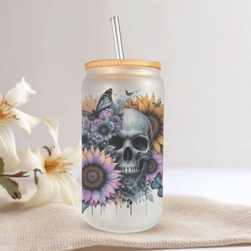 Creasowl Witglazen Skull Drinkbeker met Bloemen – 500ml – Met Deksel & Glazen Rietje – Koffiebeker, Smoothiebeker, IJskoffie Glas – Herbruikbare Drinkmok