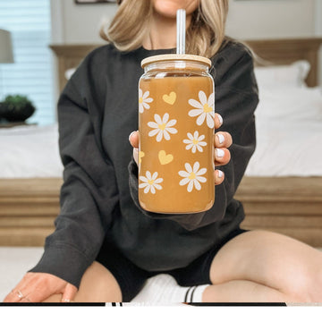 Glazen Drinkbeker met Bloemetjes en Gele Hartjes
