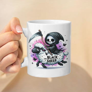 Grappige Mok met Grim Reaper op Schaap en Tekst "The Black Sheep"
