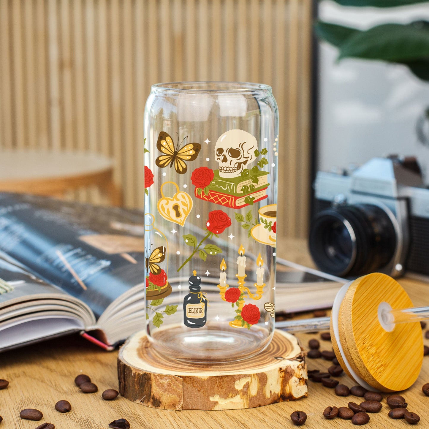 Libbey Glazen Drinkbeker 500ml – Mason Jar met Dark Academia Patroon