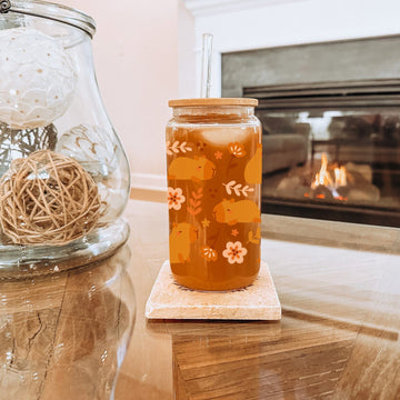 Mijn winkel Capibara Drinkbeker met Rietje - 500ml - Glazen Beker met Bamboe Deksel