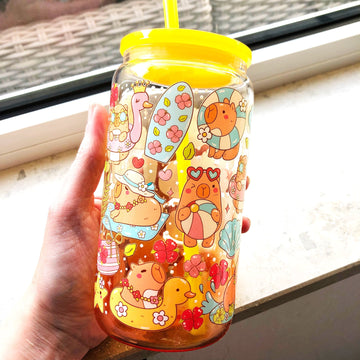 Mijn winkel Capybara Libbey Glazen Drinkbeker 500ml met Deksel en Rietje