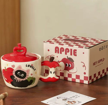 Mijn winkel Drinkware Rood Appel Mok met Zwart Katje – Schattige Keramische Beker