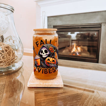Mijn winkel Fall Vibes Glazen Drinkbeker met Grappige Grim Reaper