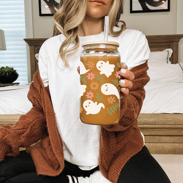 Mijn winkel Glazen Drinkbeker met Bloemetjes en Schattige Spookjes Patroon