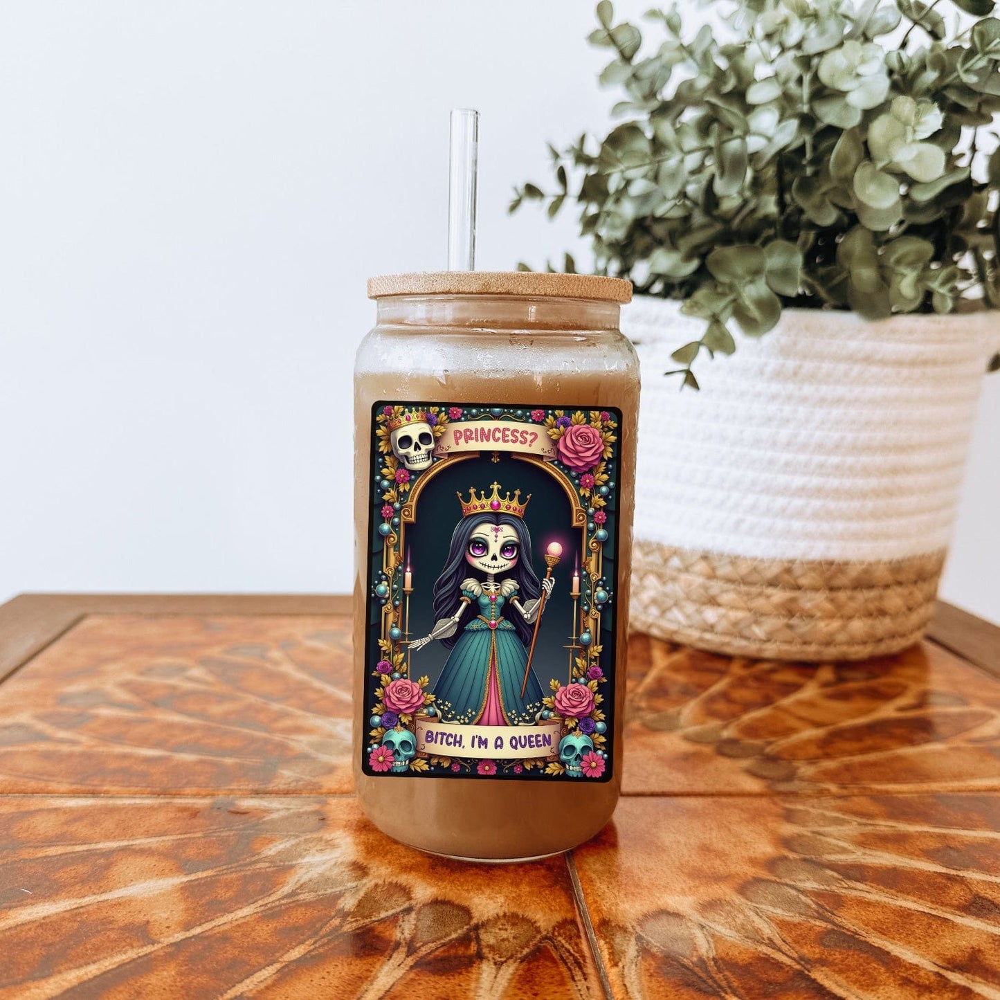 Mijn winkel Glazen Drinkbeker "Princess? Bitch I'm a Queen" met Rietje en Deksel