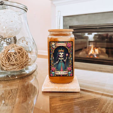 Mijn winkel Glazen Drinkbeker "Princess? Bitch I'm a Queen" met Rietje en Deksel