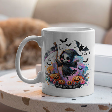 Mijn winkel Keramische Mok 325 ml met Reaper en Tekst "Never Trust the Living"