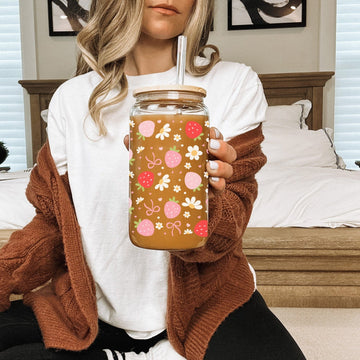 Mijn winkel Libbey Glazen Aardbeien Patroon Drinkbeker 500ml met Deksel en Glazen Rietje