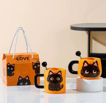 Mijn winkel Oranje Katten Koffiemok – Schattig Zwart Kattenkopje