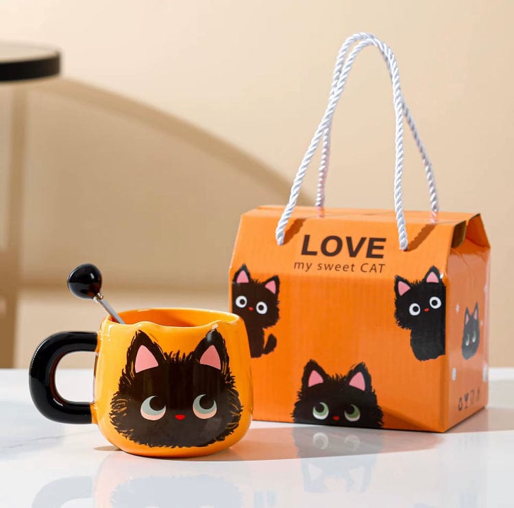 Mijn winkel Oranje Katten Koffiemok – Schattig Zwart Kattenkopje
