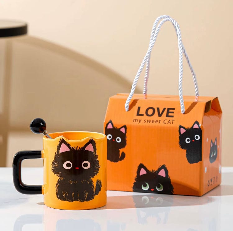 Mijn winkel Oranje Katten Koffiemok – Schattig Zwart Kattenkopje