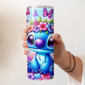 Mijn winkel Stitch Bloemen Tumbler 600ml – Met Deksel & Herbruikbaar Metalen Rietje – Vroli