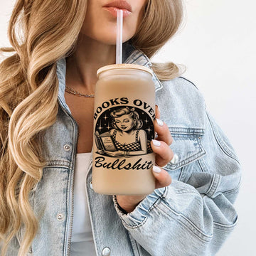 Mijn winkel Wit Glazen Beker met Rietje en Bamboe Deksel - Books Over Bullshit