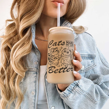 Mijn winkel Wit Glazen Beker met Rietje en Bamboe Deksel - Cats Make My Life Better