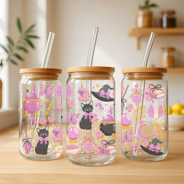 Witchy Coquette Halloween Glas met Deksel & Rietje – Esthetische Beker 500ml