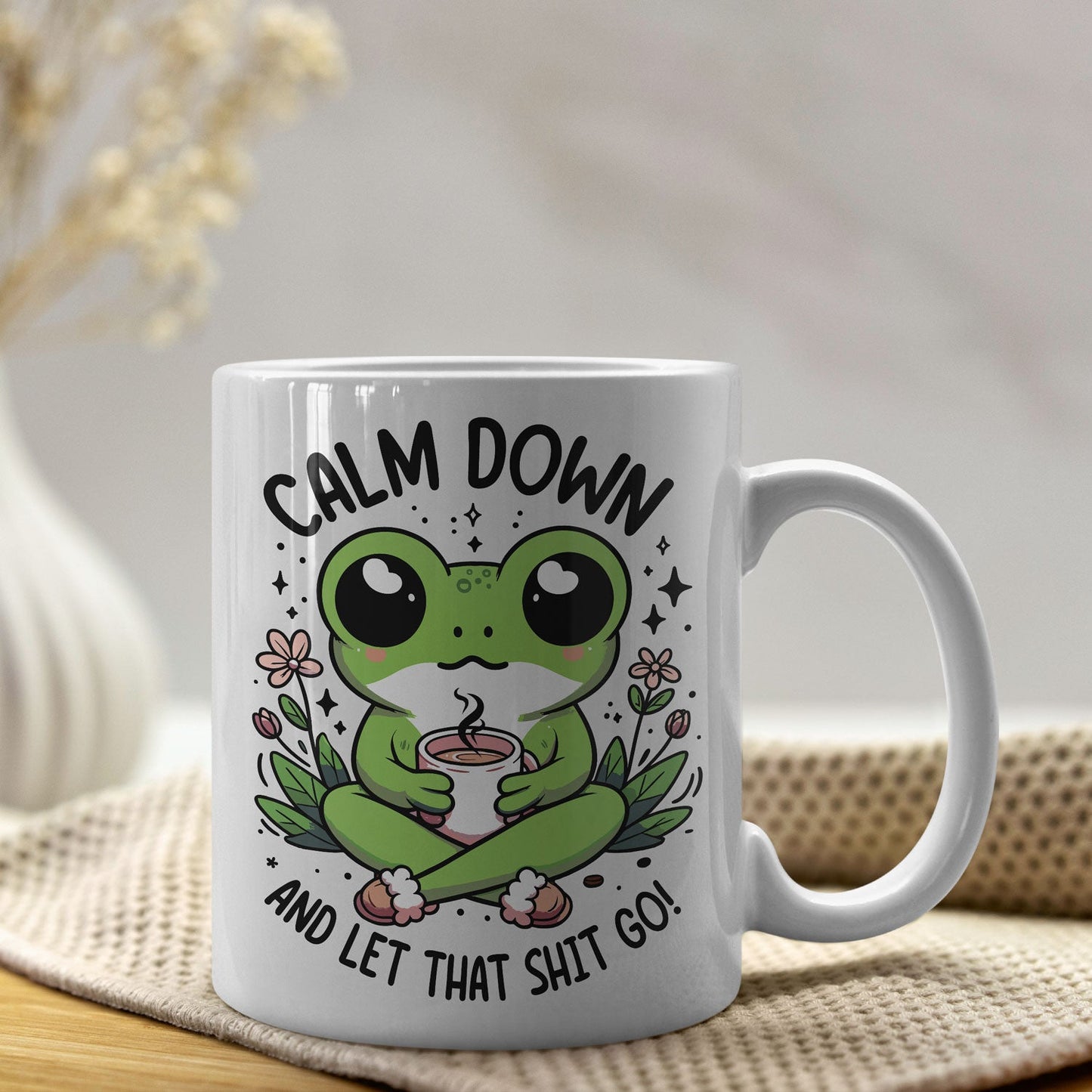 Kikker Mok “Calm Down and Let That Sh*t Go” 🐸 | Keramische Mok 330ml Dubbelzijdig Bedrukt Creasowl