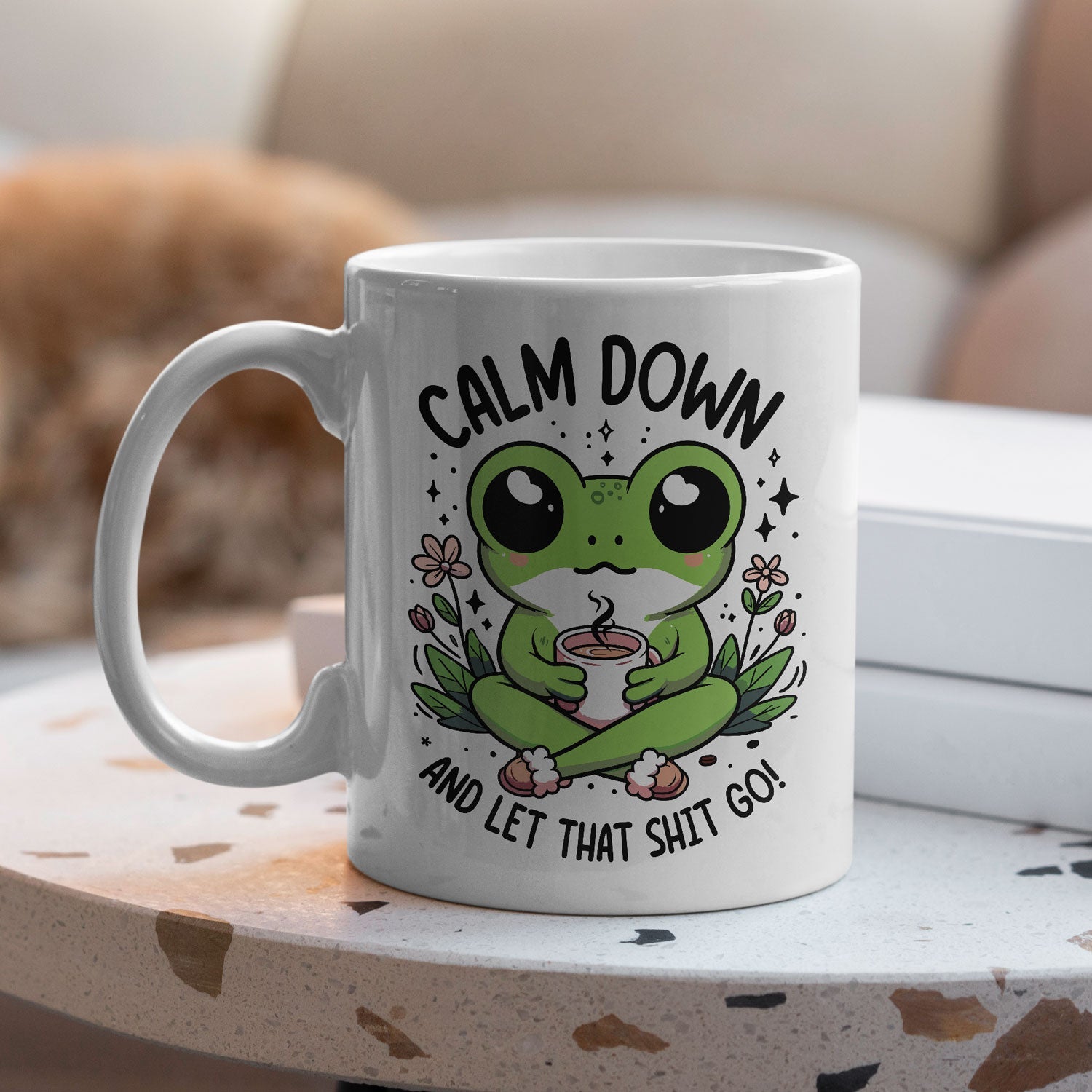 Kikker Mok “Calm Down and Let That Sh*t Go” 🐸 | Keramische Mok 330ml Dubbelzijdig Bedrukt Creasowl