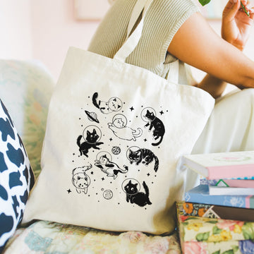 Space katten tote bag - Boodschappentas 38 x48 cm - Polylinnen Creasowl