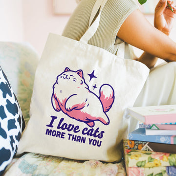 I like cats more tote bag - Boodschappentas 38 x48 cm - Polylinnen Creasowl