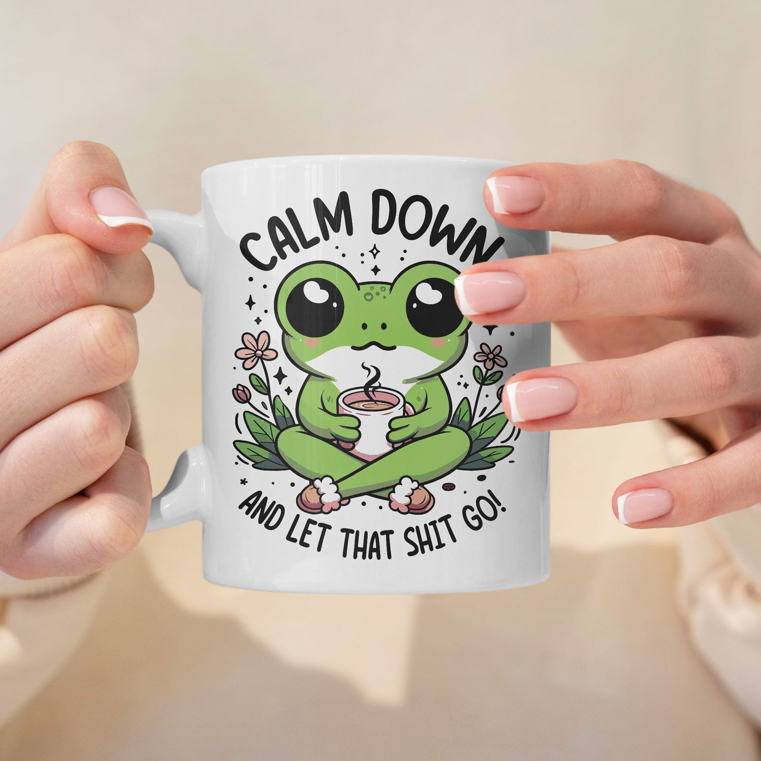 Kikker Mok “Calm Down and Let That Sh*t Go” 🐸 | Keramische Mok 330ml Dubbelzijdig Bedrukt Creasowl