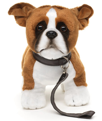 Pluche Boxer puppy knuffel met halsband en riempje, 30 cm, realistische hond, wasbaar en gemaakt van gerecyclede vulling