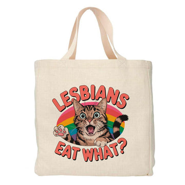 Lesbians Eat What? Tote Bag met Kattenontwerp – Polylinnen Shopper (38x48 cm) Creasowl
