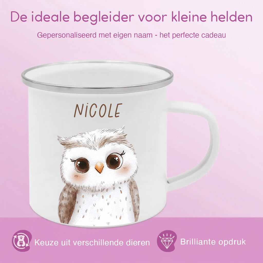 Gepersonaliseerde Emaille Mok met Naam Kind – Bosdieren Mok 300ml – Kinder Campingmok met Vos, Beer & Bosdieren Creasowl