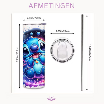 Stitch Space Tumbler 600ml – Met Deksel & Herbruikbaar Metalen Rietje – Galaxy D